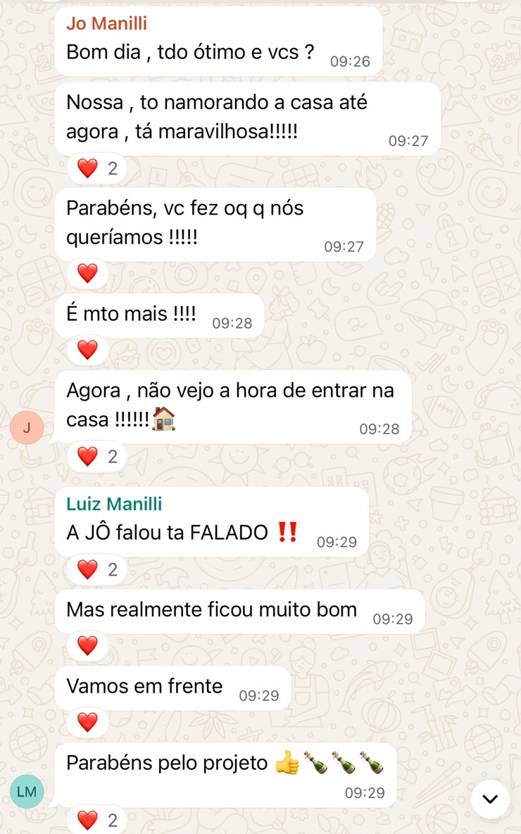 Mensagem de Jô e Manilli: Jô: nossa, to namorando a casa até agora, tá maravilhosa!!!!! Parabéns, vc fez oq q nós queríamos!!!!! É mto mais!!!! Agora, não vejo a hora de entrar na casa!!!!!! Luiz: a Jô falou ta FALADO!! Mas realmente ficou muito bom. Vamos em frente. Parabéns pelo projeto.